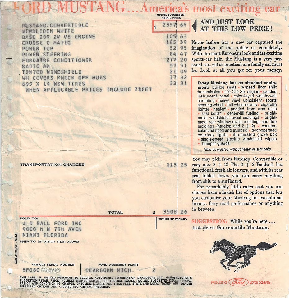 1965 Wimbledon White Ford Mustang - Original Docs, A/C, PS, PT Convertible