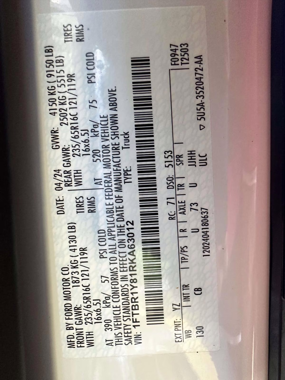 2024 Oxford White Ford Transit Cargo Van T-250 148 Low Rf 9070 GVWR RWD RWD Van