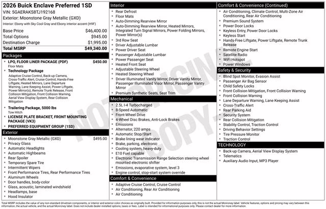 2026 Moonstone Gray Metallic Buick Enclave Preferred FWD SUV