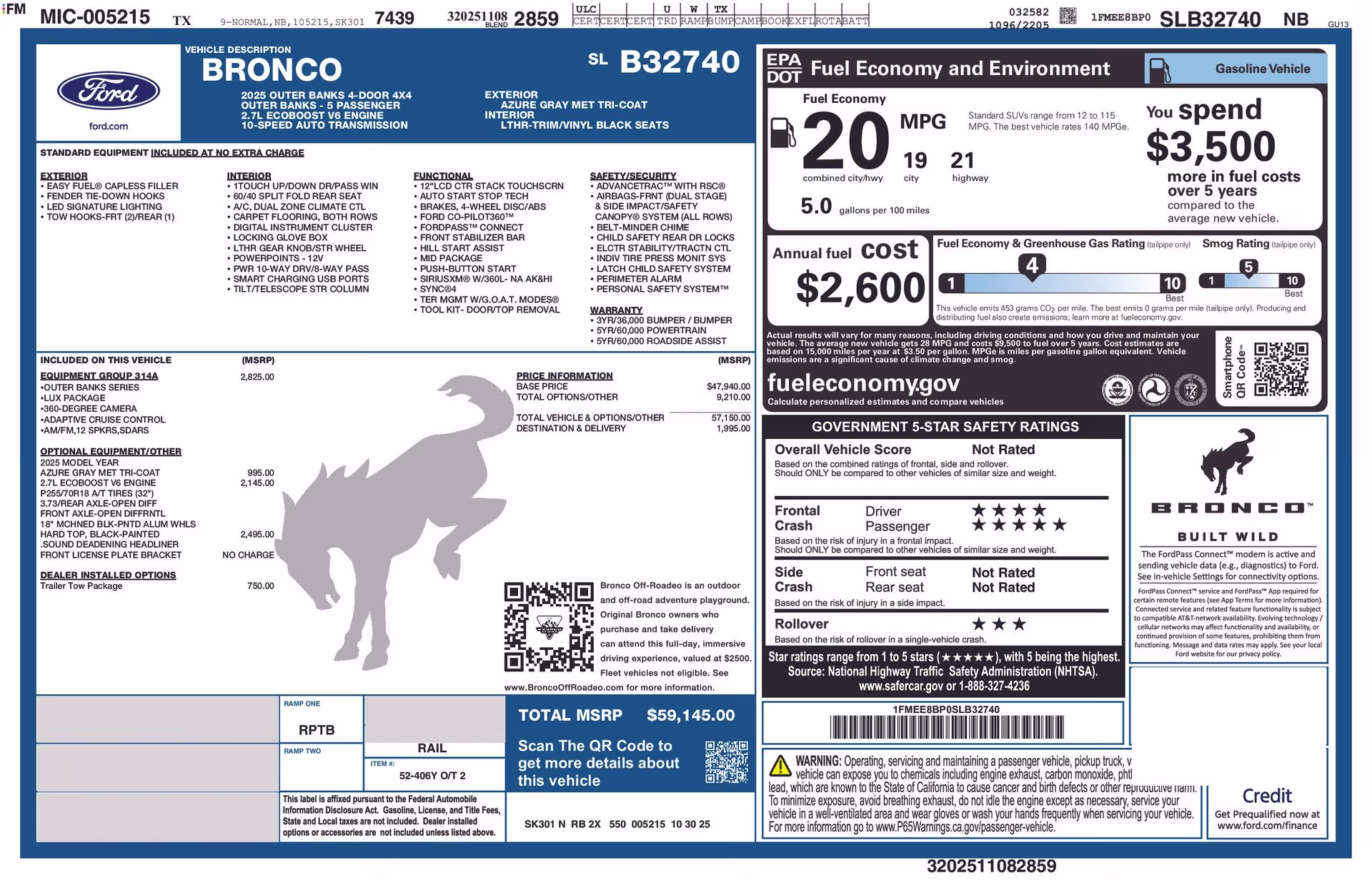 2025 Azure Gray Metallic Tri-Coat Ford Bronco Outer Banks 4X4 SUV