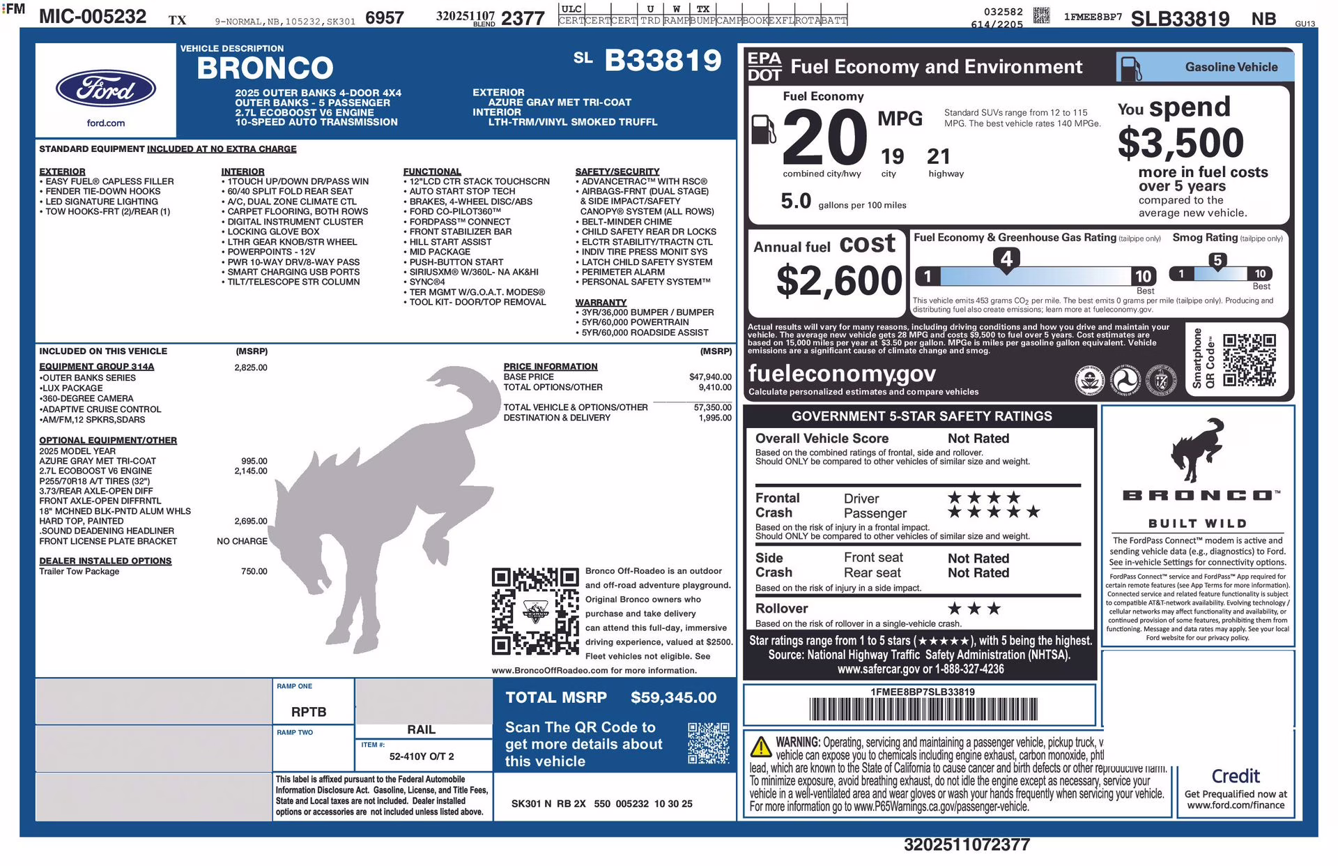 2025 Azure Gray Metallic Tri-Coat Ford Bronco Outer Banks 4X4 SUV