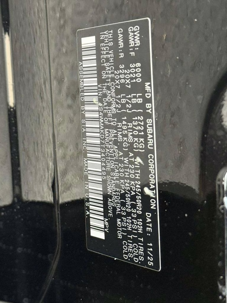 2026 Crystal Black Silica Subaru Ascent Touring AWD SUV