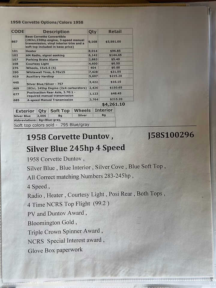 1958 Silver Blue Chevrolet Corvette Convertible   Duntov Mark of Excellence Recipient RWD Convertible