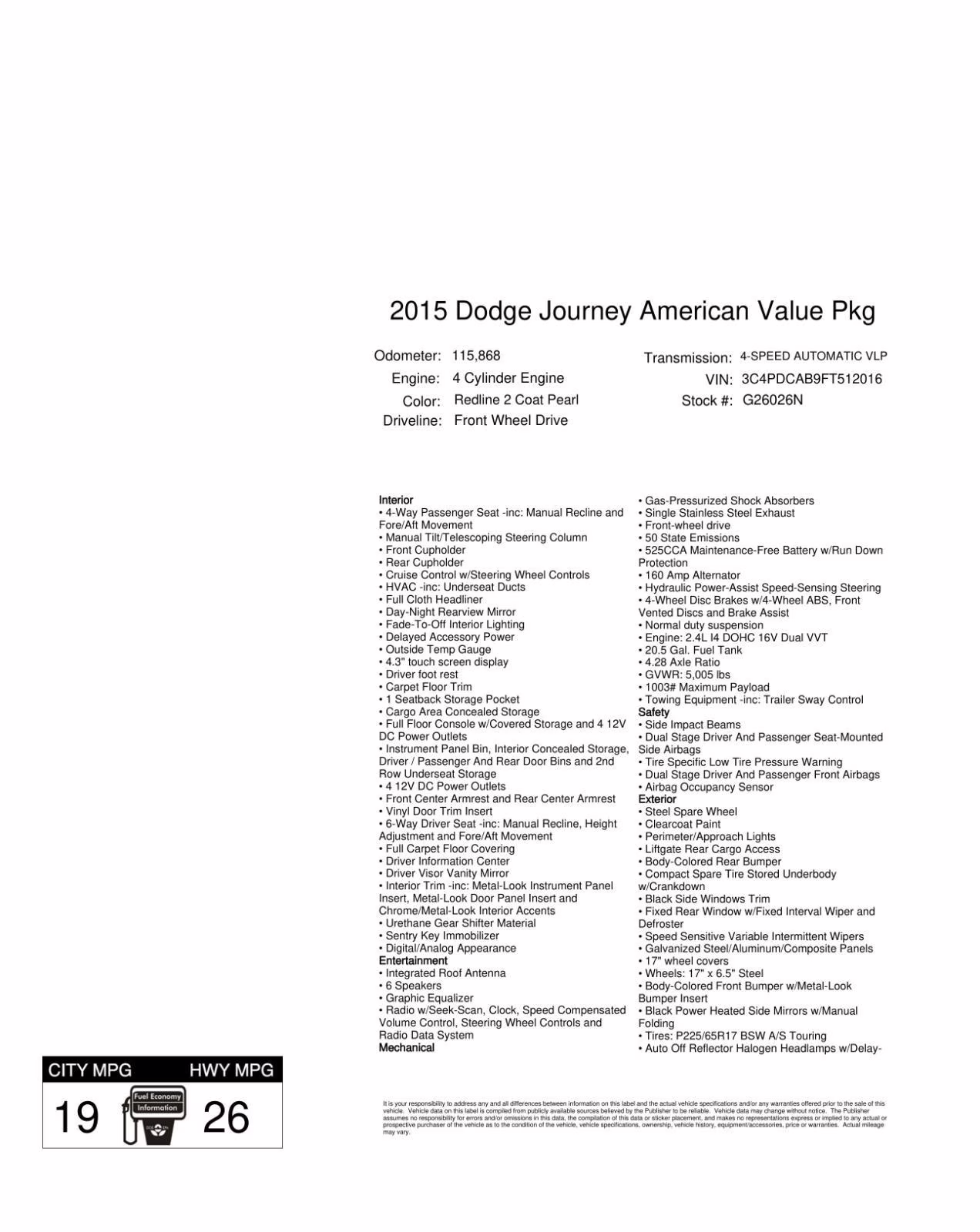 2015 Redline 2 Coat Pearl Dodge Journey American Value Pkg FWD SUV