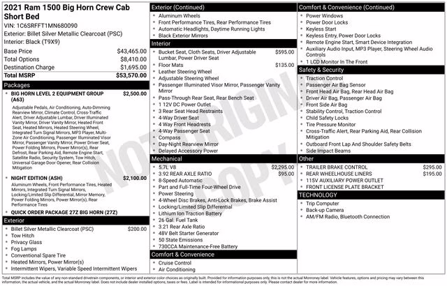 2021 Billet Silver Metallic Clearcoat Ram 1500 Big Horn/Lone Star 4X4 Truck