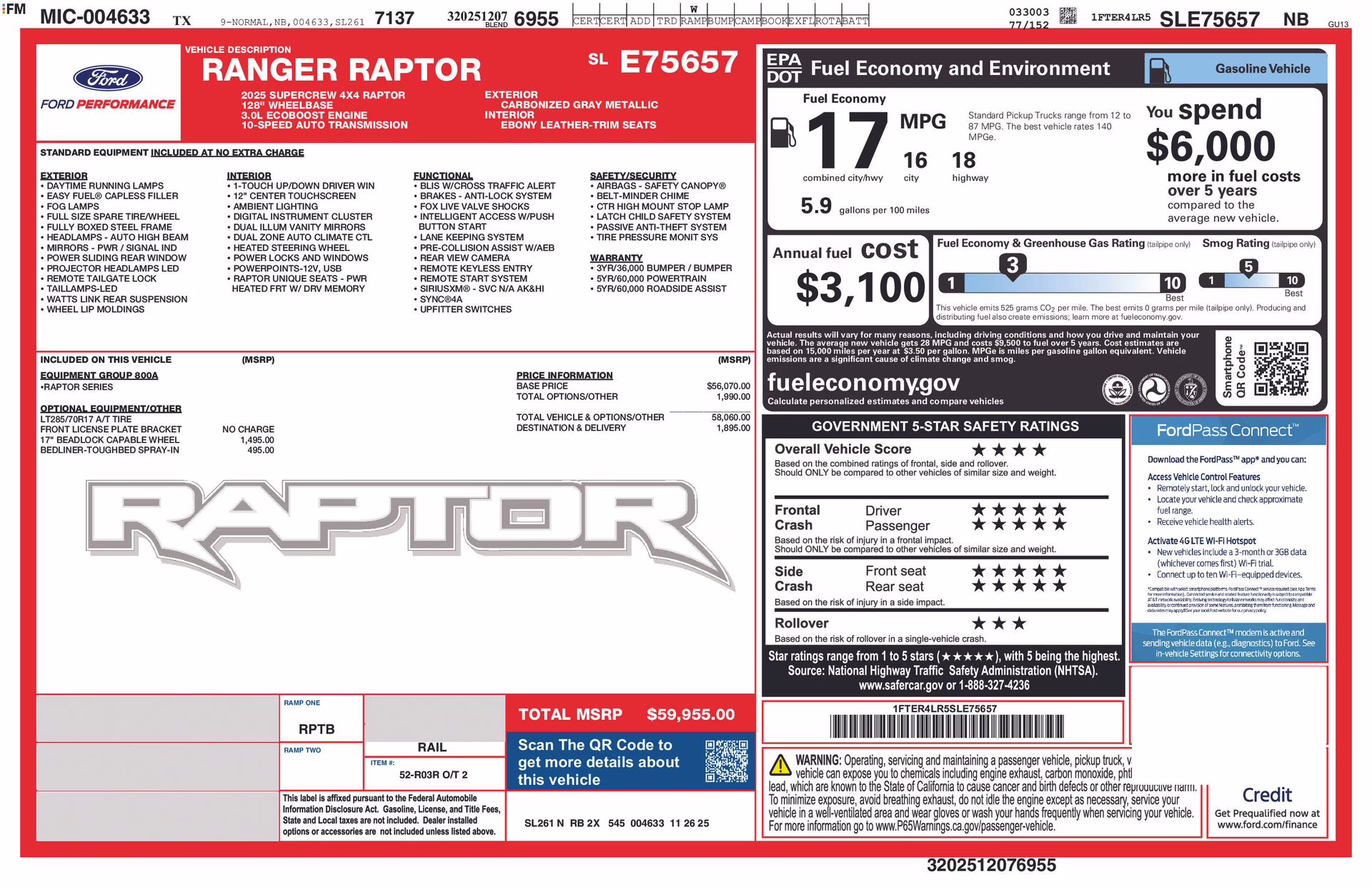2025 Carbonized Gray Metallic Ford Ranger Raptor 4X4 Truck