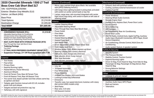 2020 Shadow Gray Metallic Chevrolet Silverado 1500 LT Trail Boss 4X4 Truck