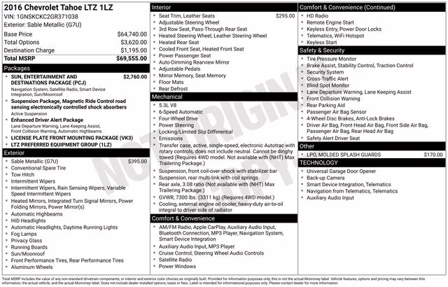 2016 Sable Metallic Chevrolet Tahoe LTZ 4X4 SUV