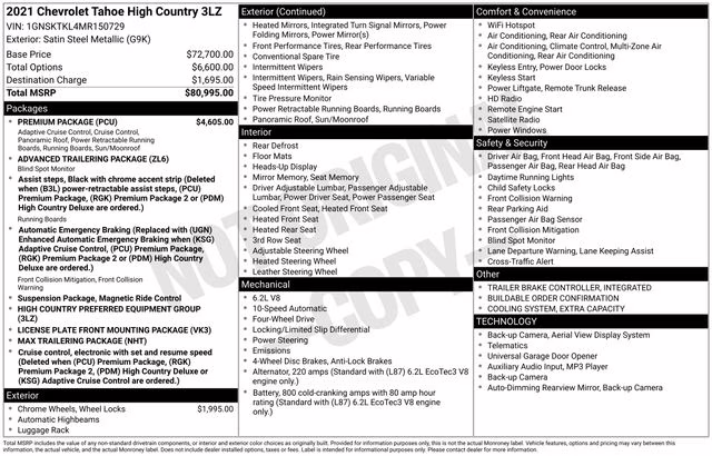 2021 Satin Steel Metallic Chevrolet Tahoe High Country 4X4 SUV