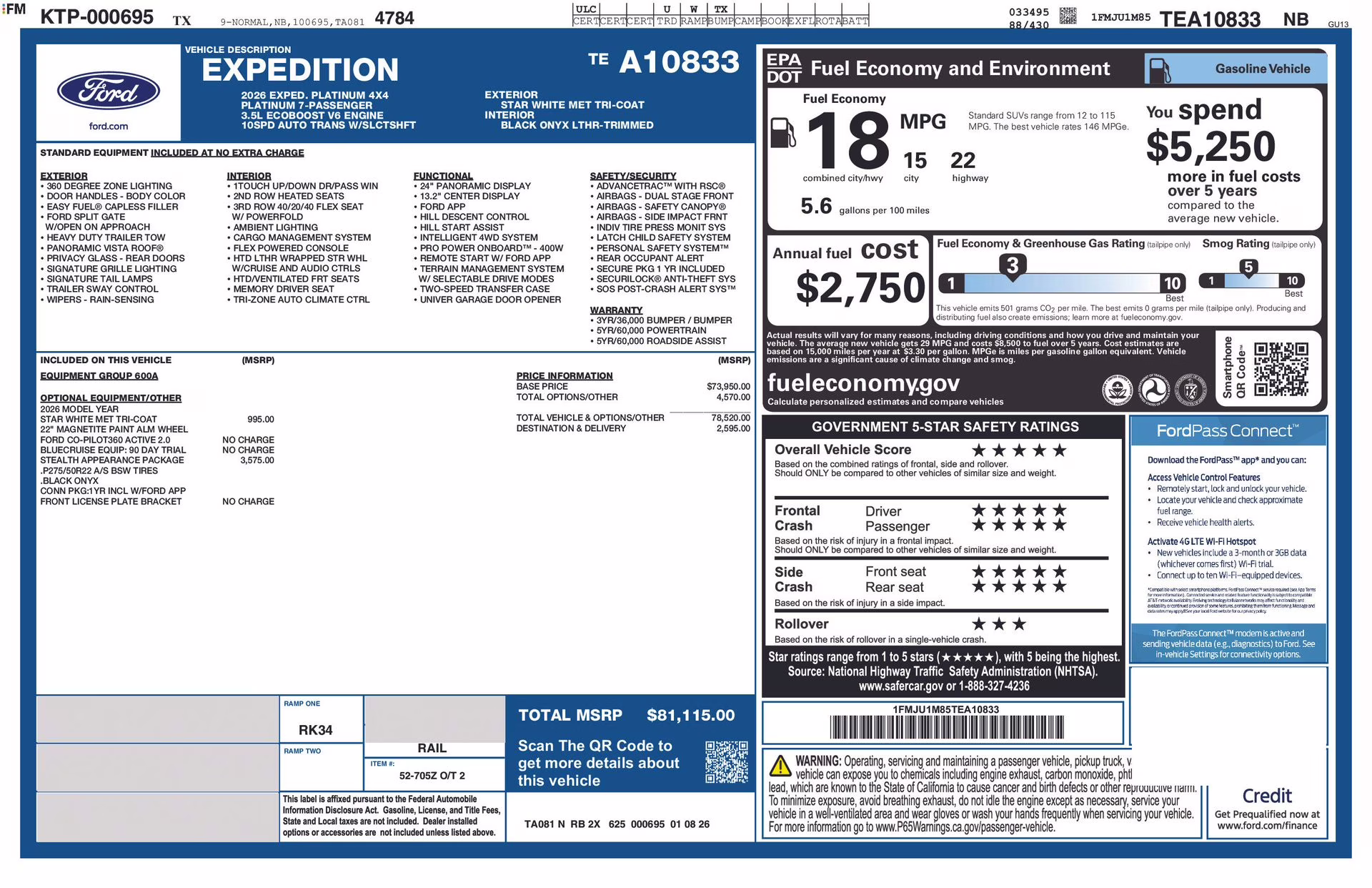 2026 Star White Metallic Tri-Coat Ford Expedition Platinum 4X4 SUV