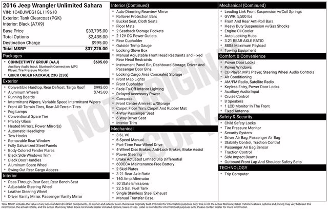 2016 Tank Clearcoat Jeep Wrangler Unlimited Sahara 4X4 SUV