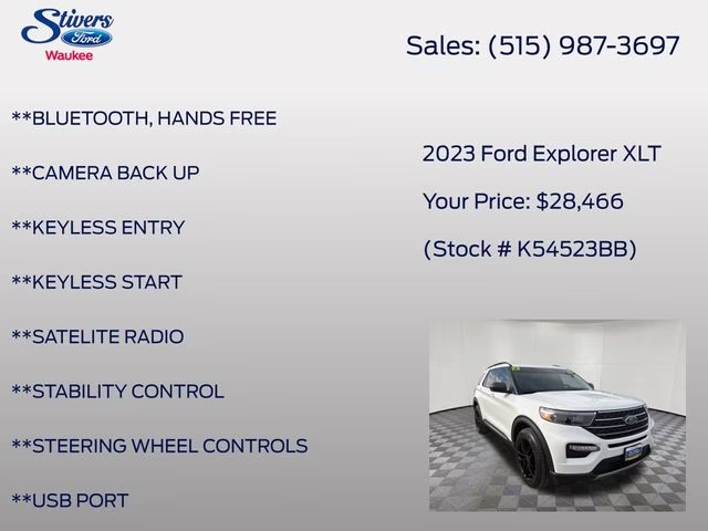 2023 White Metallic Ford Explorer XLT 4X4 SUV