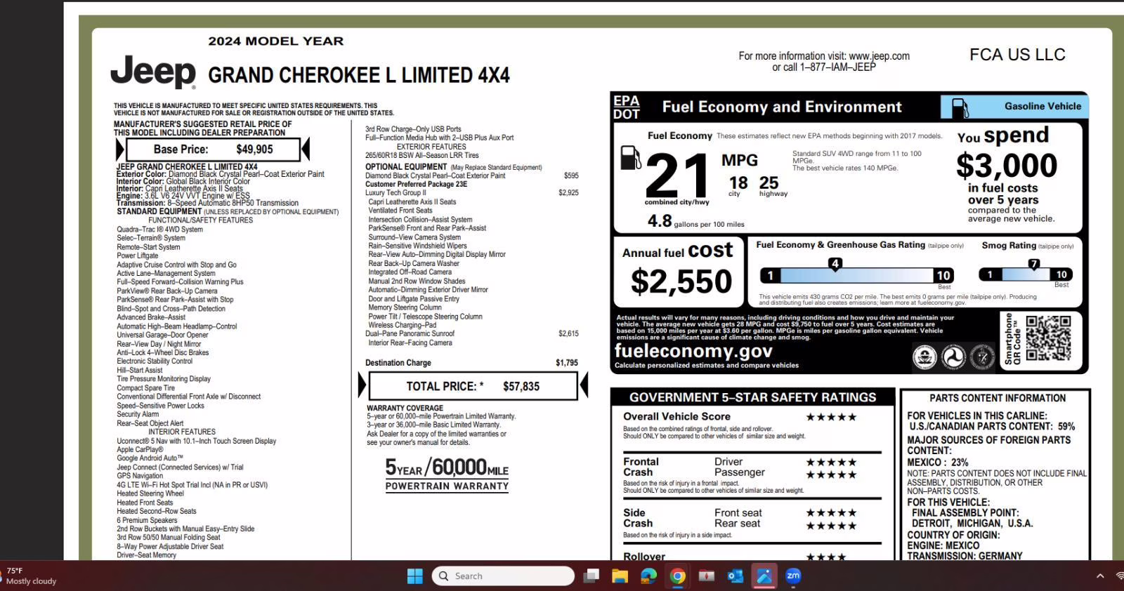 2024 Diamond Black Crystal Pearlcoat Jeep Grand Cherokee L Limited 4X4 SUV