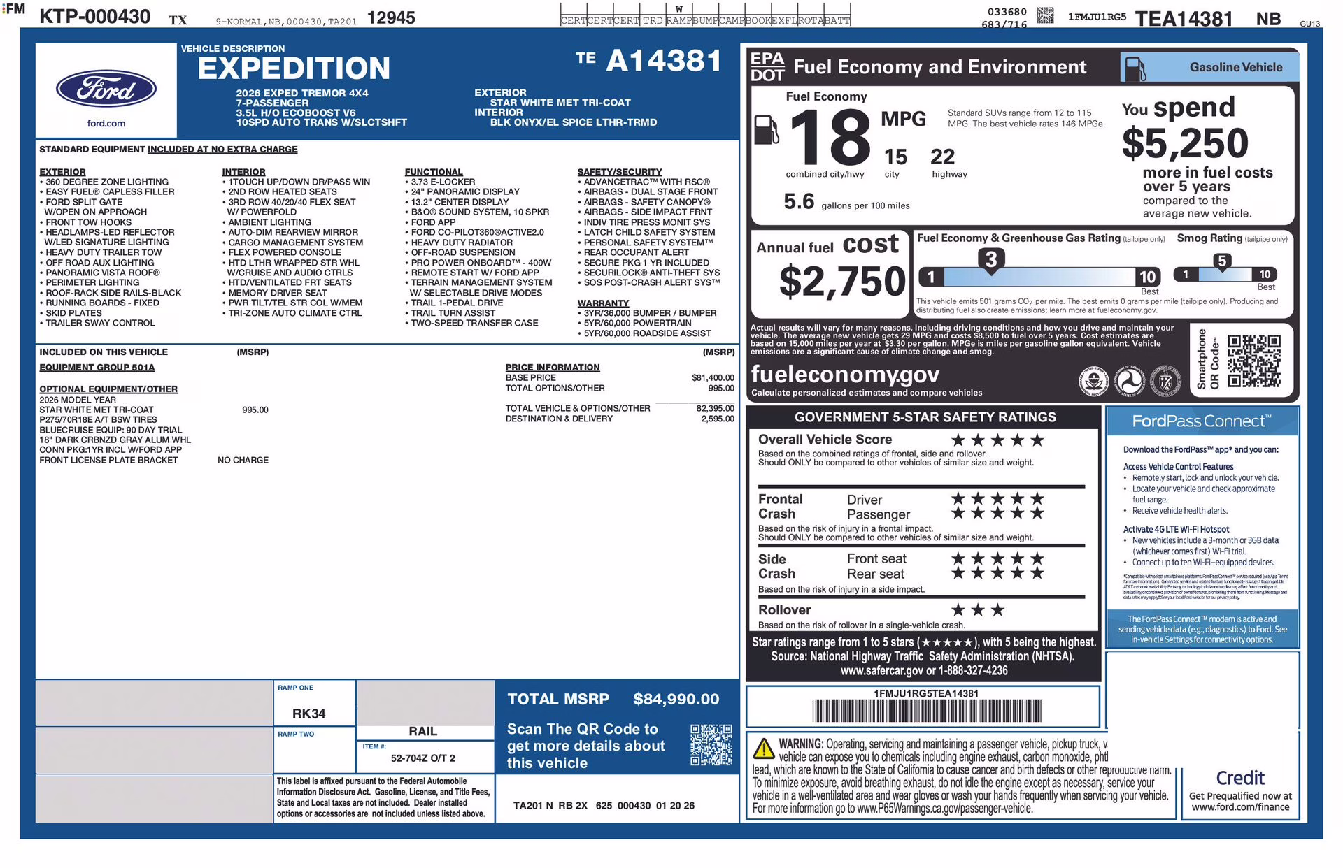 2026 Star White Metallic Tri-Coat Ford Expedition Tremor 4X4 SUV