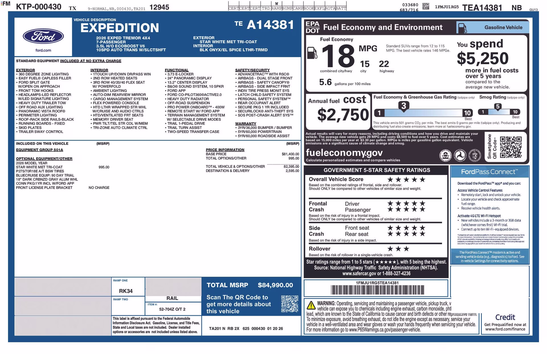 2026 Star White Metallic Tri-Coat Ford Expedition Tremor 4X4 SUV