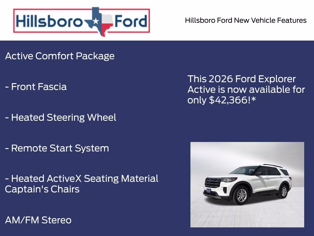 2026 Star White Metallic Tri-Coat Ford Explorer Active RWD SUV