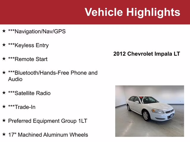 2012 Summit White Chevrolet Impala LT FWD Sedan