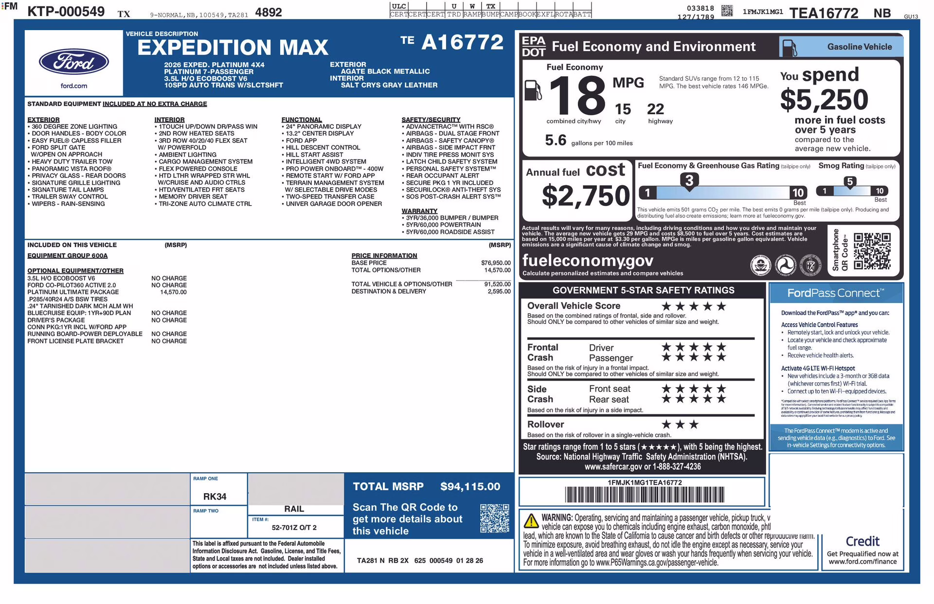 2026 Agate Black Metallic Ford Expedition Max Platinum 4X4 SUV