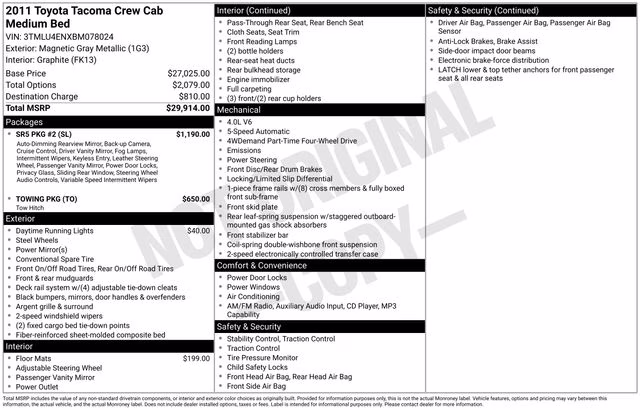 2011 Magnetic Gray Metallic Toyota Tacoma Base 4X4 Truck