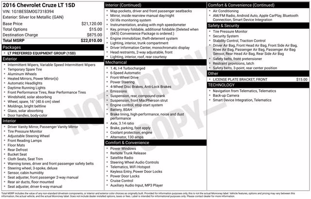 2016 Silver Ice Metallic Chevrolet Cruze LT FWD Sedan