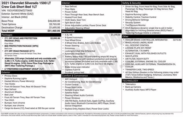 2021 Summit White Chevrolet Silverado 1500 LT 4X4 Truck