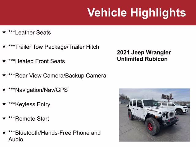 Used 2021 Jeep Wrangler Unlimited Rubicon with VIN 1C4JJXFM3MW562367 for sale in Waite Park, Minnesota