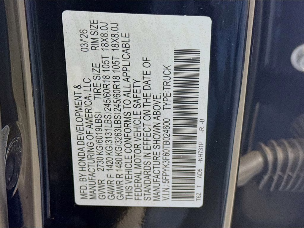 2026 Crystal Black Pearl Honda Ridgeline TrailSport AWD Truck