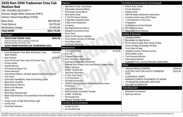 2020 Bright White Clearcoat Ram 2500 Tradesman 4X4 Truck