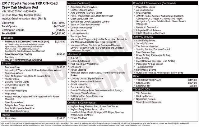 2017 Silver Sky Metallic Toyota Tacoma TRD Off-Road 4X4 Truck