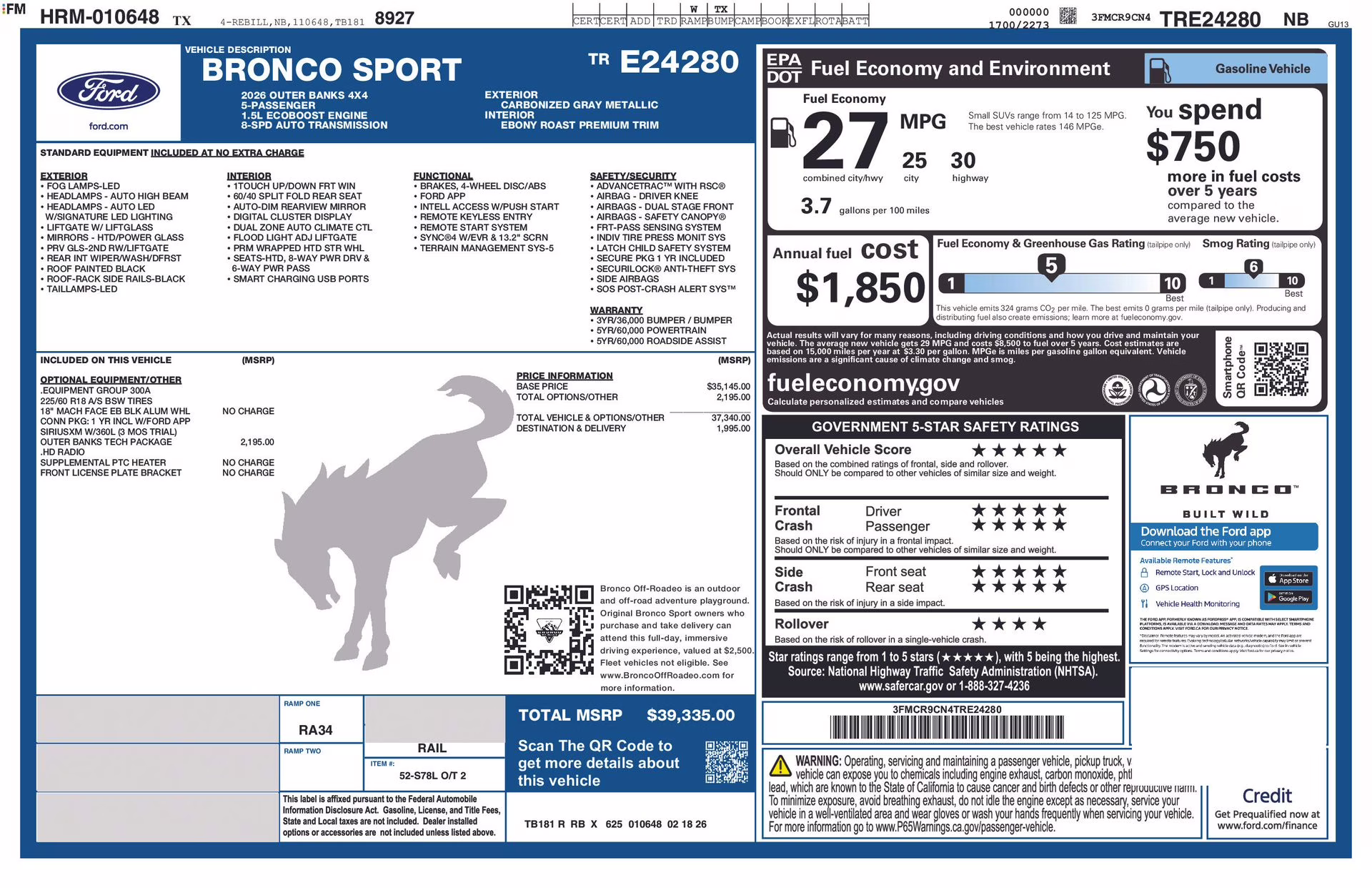 2026 Carbonized Gray Metallic Ford Bronco Sport Outer Banks 4X4 SUV