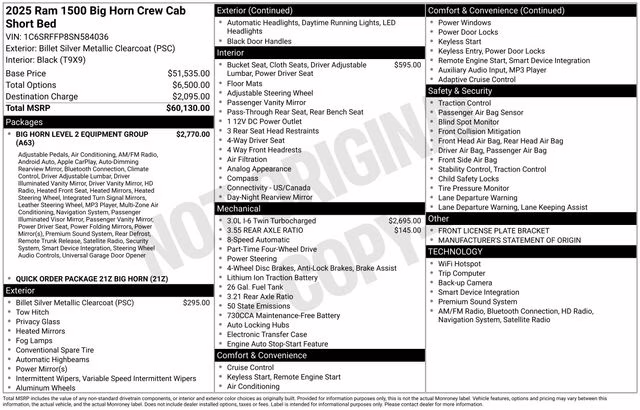 2025 Billet Silver Metallic Clearcoat Ram 1500 Big Horn/Lone Star 4X4 Truck
