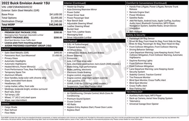 2022 Satin Steel Gray Metallic Buick Envision Avenir AWD SUV