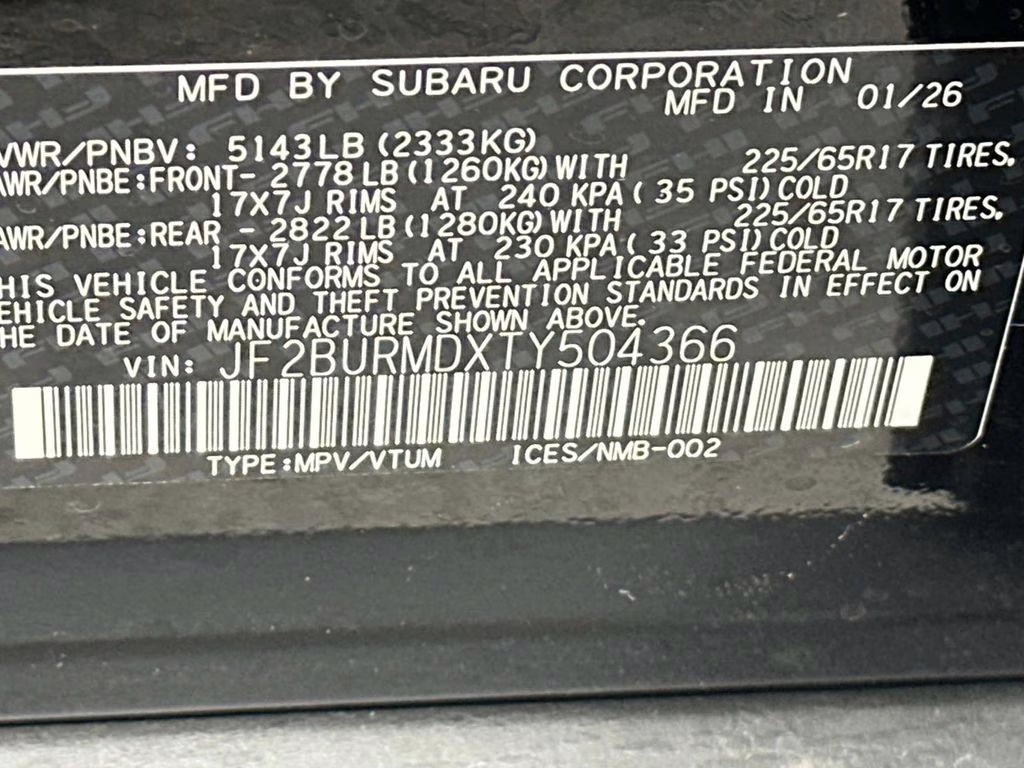 2026 Crystal Black Silica Subaru Outback Wilderness AWD SUV