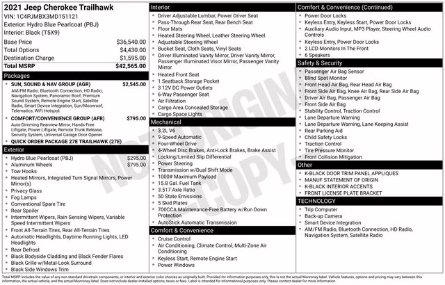 2021 Hydro Blue Pearlcoat Jeep Cherokee Trailhawk 4X4 SUV