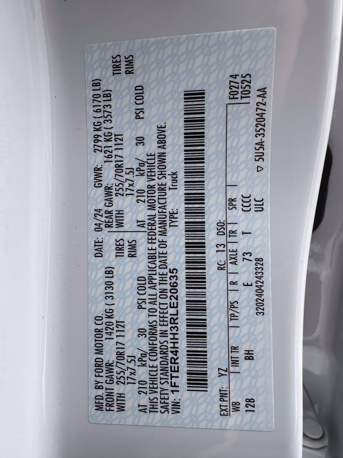 2024 Oxford White Ford Ranger XLT 4WD SuperCrew 5' Box 4X4 Truck