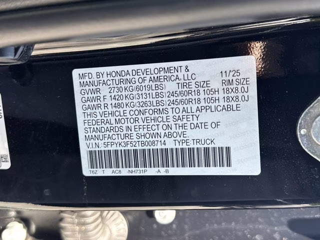 2026 Crystal Black Pearl Honda Ridgeline RTL AWD Truck