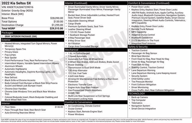 2022 Gravity Gray Kia Seltos SX AWD SUV