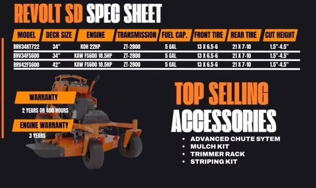 2026 Orange Bad Boy Revolt SD 34" Kawasaki FS600V 18.5HP ACS KIT