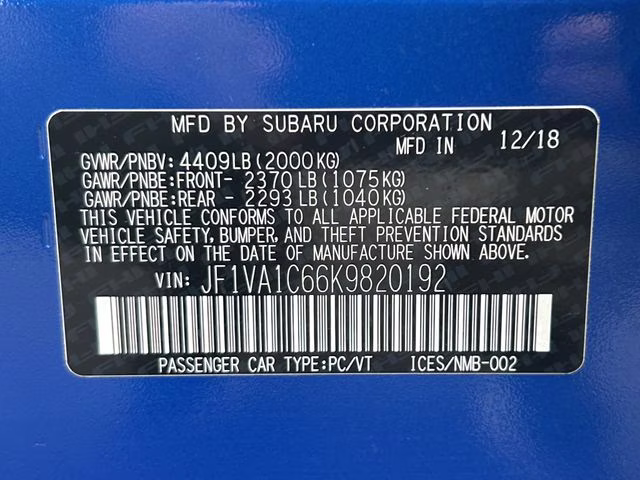 2019 WR Blue Pearl Subaru WRX Premium AWD Sedan