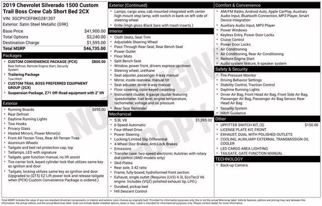 2019 Satin Steel Metallic Chevrolet Silverado 1500 Custom Trail Boss 4X4 Truck