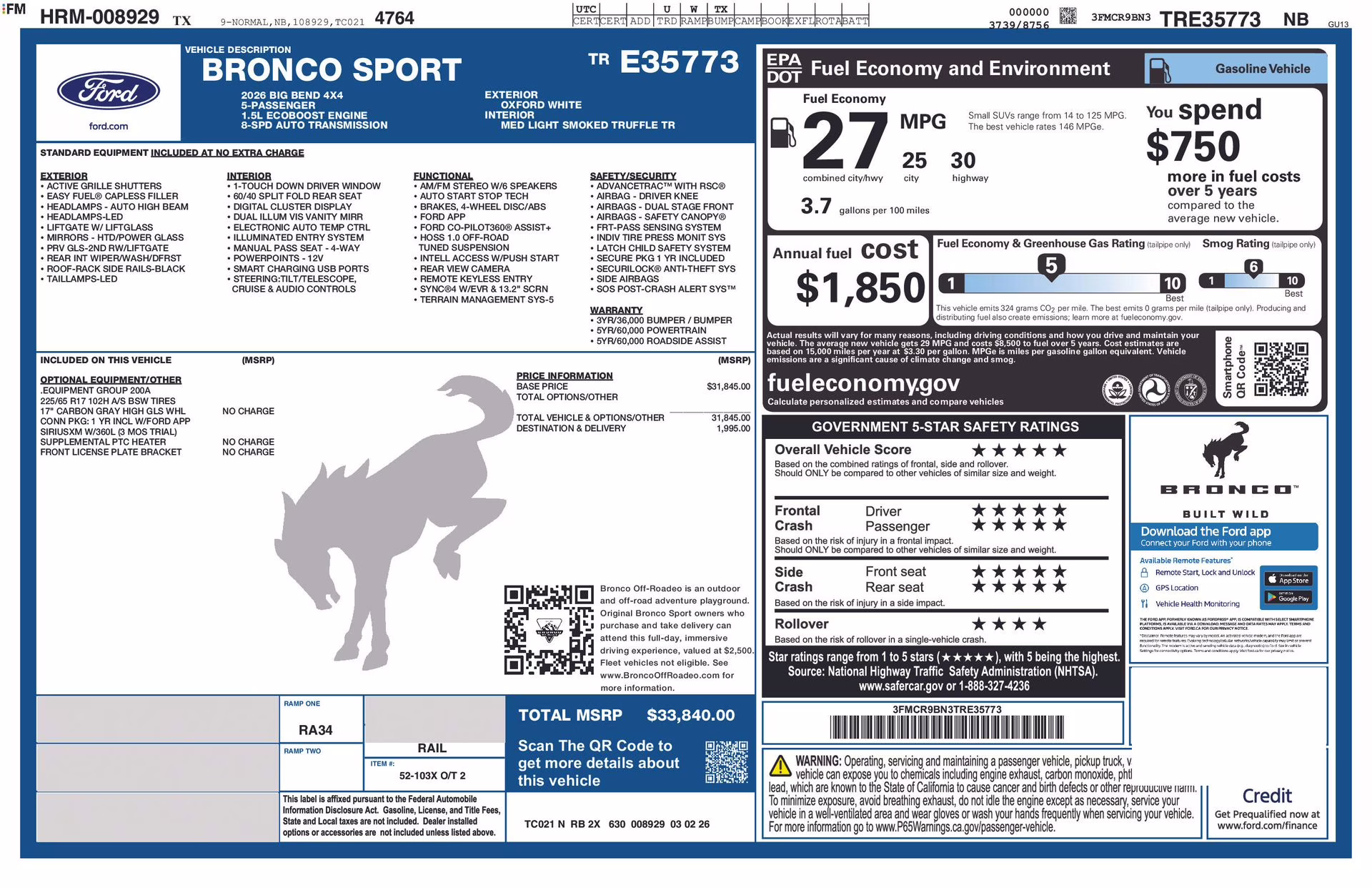 2026 Oxford White Ford Bronco Sport Big Bend 4X4 SUV