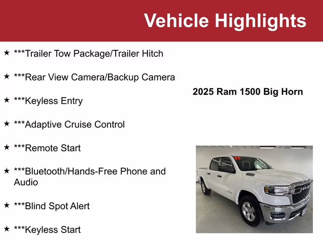 Used 2025 RAM Ram 1500 Pickup Big Horn/Lone Star with VIN 1C6RRFFG3SN539617 for sale in Waite Park, Minnesota