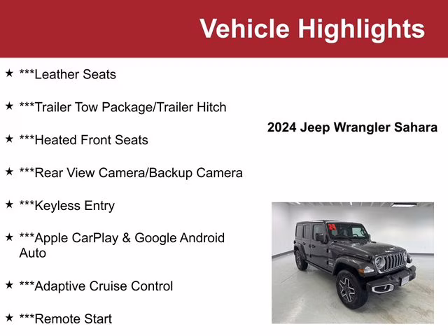 Used 2024 Jeep Wrangler 4-Door Sahara with VIN 1C4PJXENXRW124330 for sale in Waite Park, Minnesota