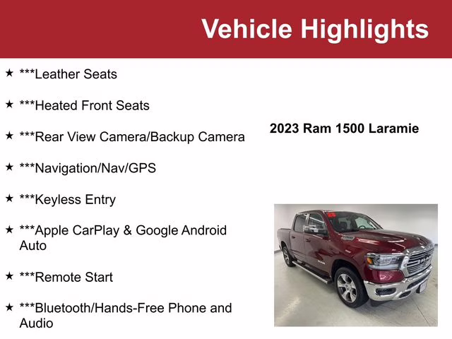 Used 2023 RAM Ram 1500 Pickup Laramie with VIN 1C6SRFJT5PN629977 for sale in Waite Park, Minnesota