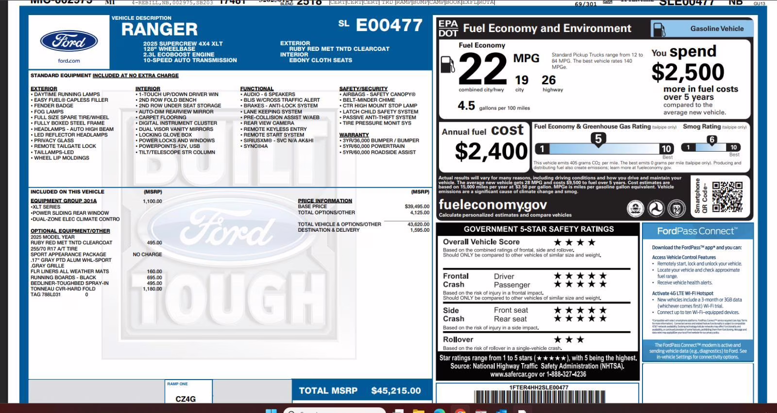 2025 Ruby Red Metallic Tinted Clearcoat Ford Ranger XLT 4X4 Truck