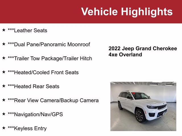 Used 2022 Jeep Grand Cherokee Overland 4xe with VIN 1C4RJYD67N8764857 for sale in Waite Park, MN