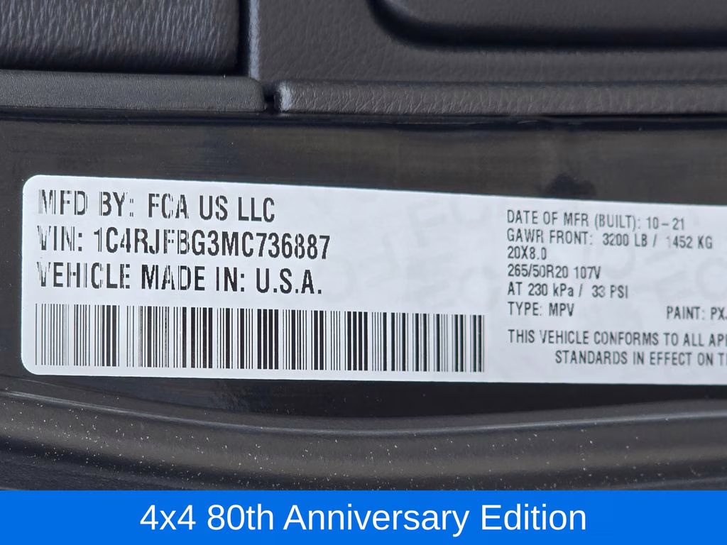 2021 Diamond Black Crystal Pearlcoat Jeep Grand Cherokee 80th Anniversary Edition 4X4 SUV