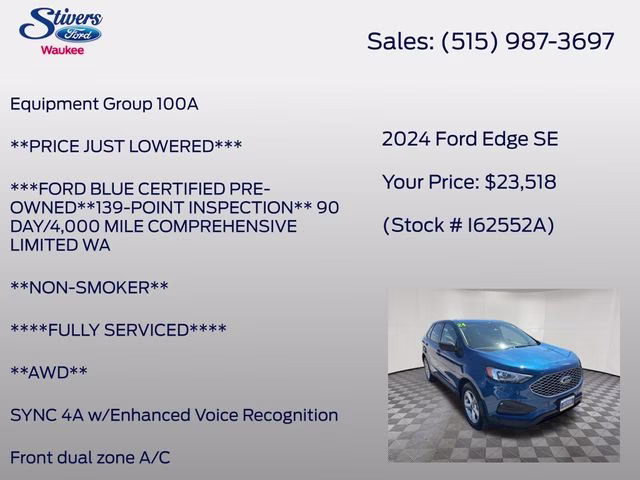 2024 Atlas Blue Metallic Ford Edge SE AWD SUV