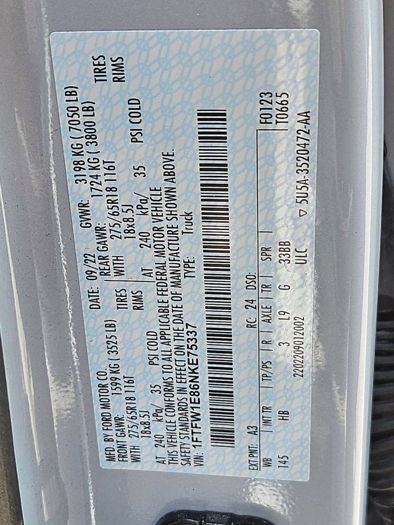 2022 White Metallic Ford F-150 Lariat 4X4 Truck