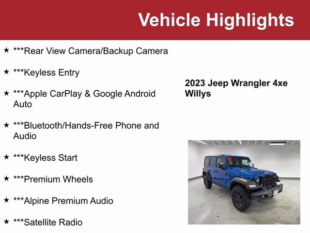 Used 2023 Jeep Wrangler 4xe Willys 4XE with VIN 1C4JJXN61PW685057 for sale in Waite Park, MN